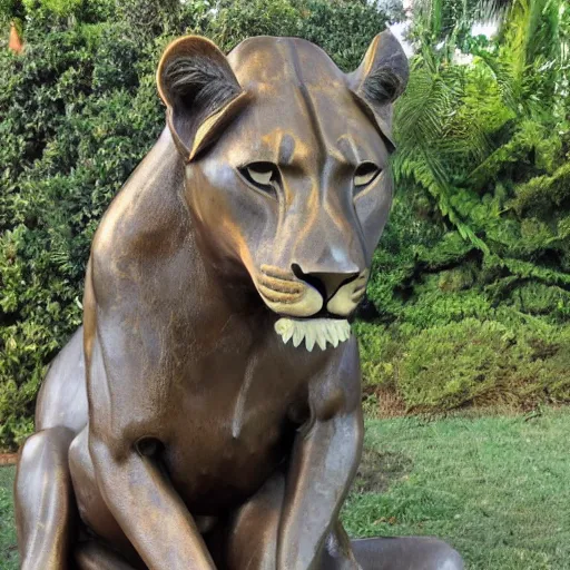 Prompt: a bronze sculpture of a lioness sitted peacefully ando magnificent. 4k photos