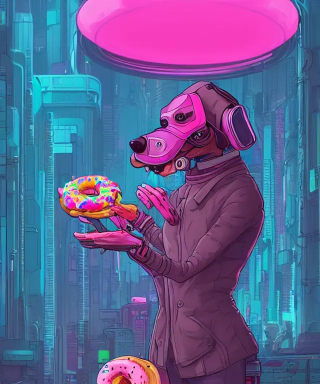 Prompt: a portrait of an anthropomorphic cyberpunk greyhound dog eating a pink donut, cyberpunk!, cyberpunk cityscape background, fantasy, elegant, digital painting, artstation, concept art, matte, sharp focus, illustration, art by josan gonzalez