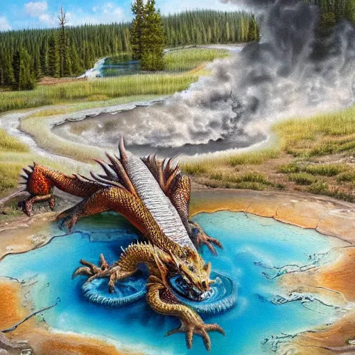 Prompt: dragon sitting in a hotspring at yellowstone national park, highly detailed oil painting, featured on artstation