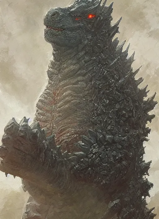 Image similar to Godzilla wearing a diaper, highly detailed, digital painting, artstation, concept art, sharp focus, illustration, art by greg rutkowski and alphonse mucha