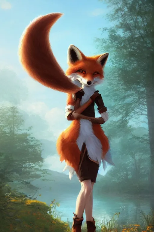 Image similar to an anthropomorphic fox girl wearing a skirt, long fluffy tail, two pointed ears, beautiful lake background, illustration by greg rutkowski, thomas kindkade, loish, artstation, furaffinity, deviantart