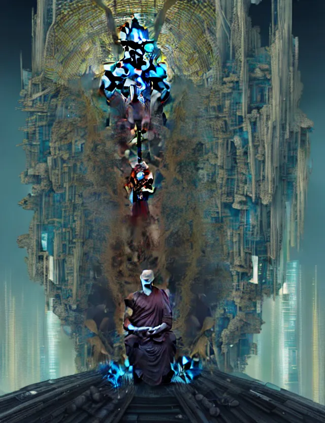 Image similar to a epic sakyamuni, the founder of buddhism in cyberpunk style temple, dystopian, cyberpunk, organic fractal mycelum and fungi, mecha, halfturn portrait of a big crystal face made of crystals half - turn, ominous, intricate, studio, art by anthony macbain + greg rutkowski + alphonse mucha, concept art, 4 k, sharp focus