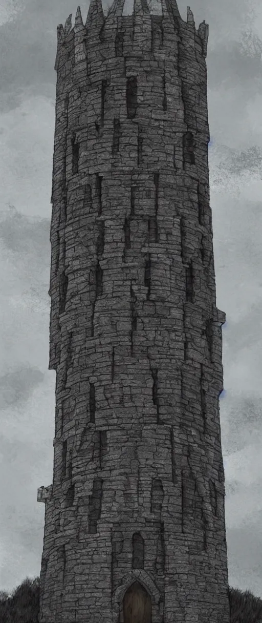 Prompt: gloomy illustration of a high medieval tower with dark stones, artstation