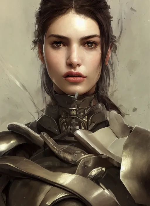 Image similar to a professional photographic portrait of a beautiful young female, partially clothed in battle armor, olive skin, long dark hair, beautiful bone structure, symmetrical facial features, intricate, elegant, digital painting, concept art, smooth, sharp focus, illustration, beautifully framed, from Metal Gear, by Ruan Jia and Mandy Jurgens and Artgerm and William-Adolphe Bouguerea