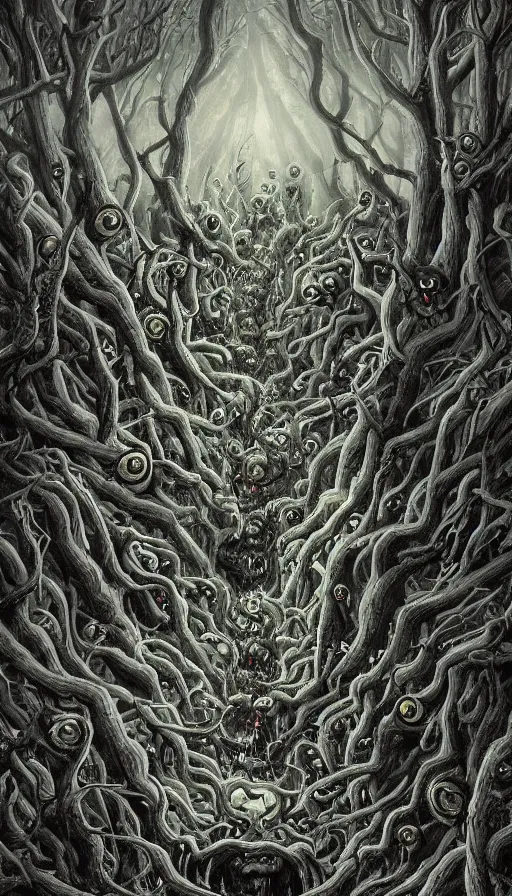 Image similar to a storm vortex made of many demonic eyes and teeth over a forest, by steve argyle