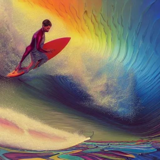 Prompt: surfing mulitcolor waves, art by chris dyer, stanley artgerm lau, wlop, rossdraws, james jean, andrei riabovitchev, marc simonetti, yoshitaka amano photorealistic,, vray, hdr, hyper detailed, dramatic lighting, octane render, weta digital, 3 d sculpture