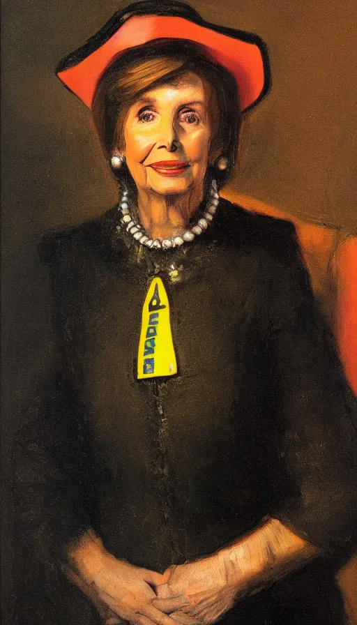 Prompt: nancy pelosi, dressed like a crossing guard, back lit, oil painting by rembrandt