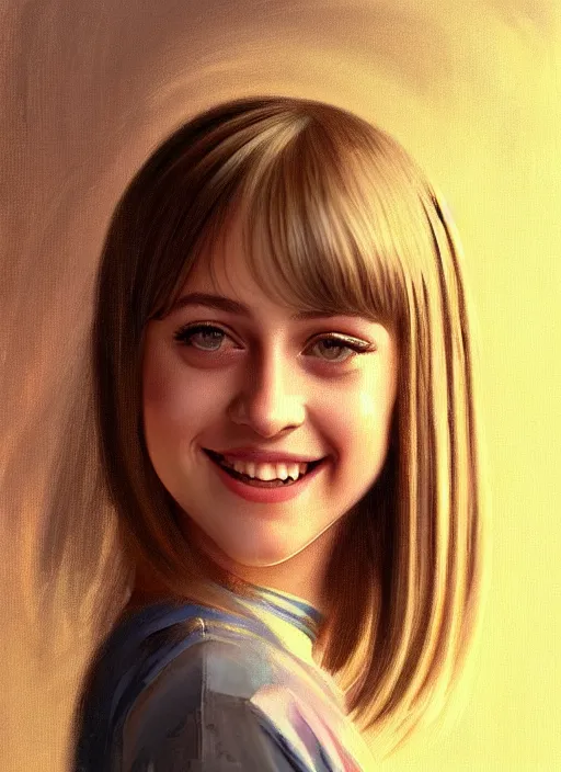 Image similar to portrait of teenage lili reinhart with bangs, smiling kindly, bangs, 1 9 6 0 s, ponytail, bangs and ponytail, intricate, elegant, glowing lights, highly detailed, digital painting, artstation, concept art, smooth, sharp focus, illustration, art by wlop, mars ravelo and greg rutkowski