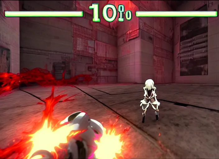 Image similar to an anime girl in a screenshot of the video game doom, the anime girl is crouching