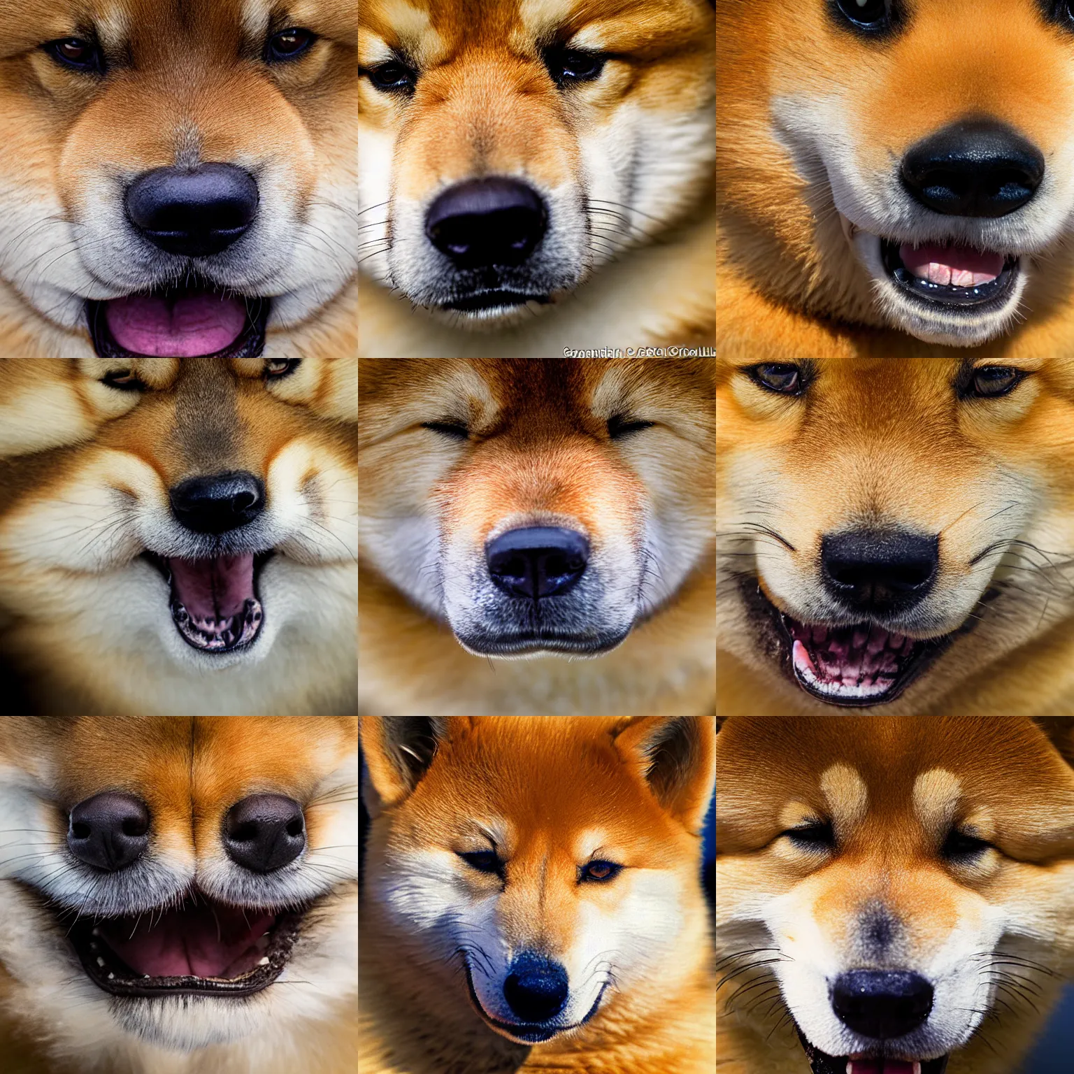 Prompt: award winning wildlife photography, Big fluffy shiba inu winking, close up of face, zoom in on face, wildlife photography by Paul Nicklen, shot by Joel Sartore, shot by DENNIS STOGSDILL, Skye Meaker, national geographic, perfect lighting