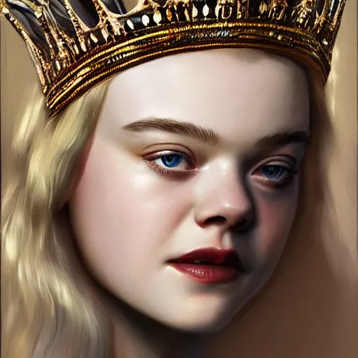 Prompt: a striking hyper real concept art of Elle Fanning with a crown by Masanori Warugai