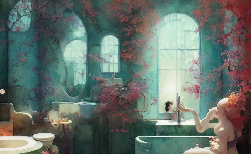 Image similar to bathroom, fantasy. intricate, amazing composition, colorful watercolor, by ruan jia, by maxfield parrish, by marc simonetti, by hikari shimoda, by robert hubert, by zhang kechun, illustration, gloomy