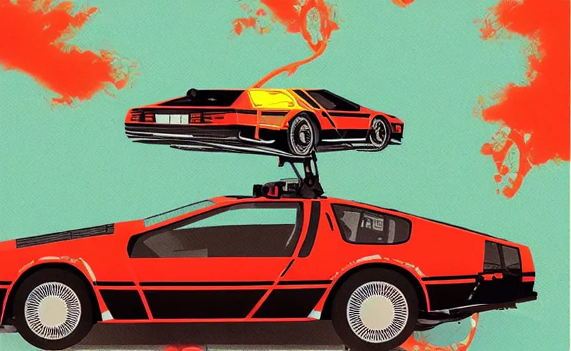 Image similar to a red delorean with a yellow tiger, art by hsiao - ron cheng & shinya edaki in a magazine collage style, # de 9 5 f 0