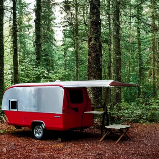 Prompt: a silver metallic camper in a forest clearing, with a red pillar of light in the background of the image