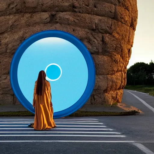 Image similar to a woman facing an portal on the street. the street leads dozen a city. the portal is oval, upright and surrounded by blue energy. the portal leads to a beach at sunset