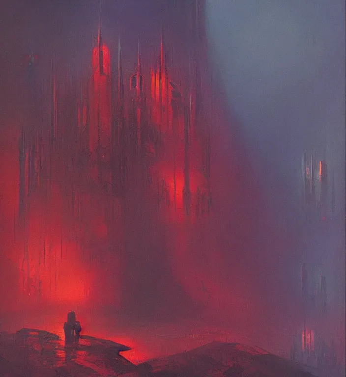 Image similar to the blind liberty of the few, red and purple palette, volume light, fog, by ( h. r. giger ) and paul lehr