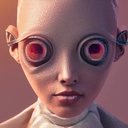 Image similar to a close up of a female fashion model with large eyes, clothes by issey miyake, standing on a martian landscape, cinematic movie scene, inspired by the movie the fifth element, by kim jung gi, hyperrealistic, fine details, octane render, volumetric moody lighting