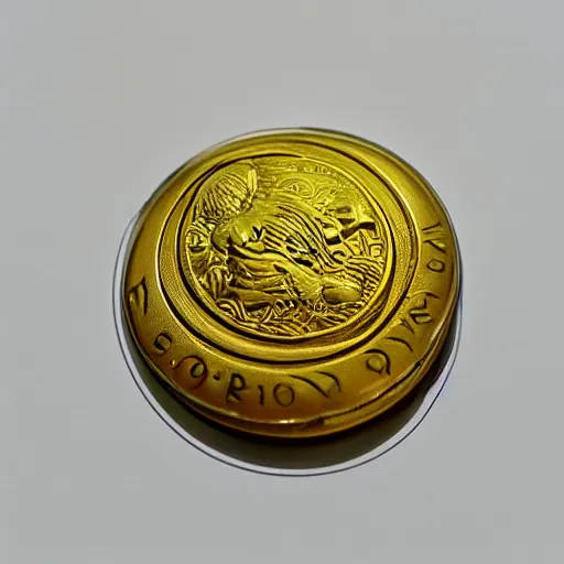Prompt: Golden coin with koi fish etching on it inside a plastic ziplock bag —H 1024