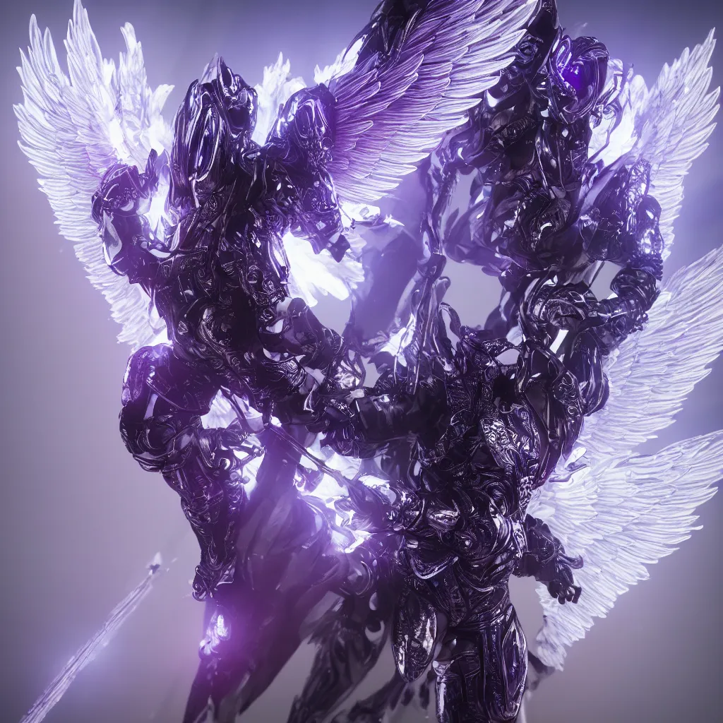 Image similar to a photo of 8k ultra realistic archangel with 6 wings, full body, intricate purple and blue neon armor, ornate, cinematic lighting, trending on artstation, 4k, hyperrealistic, focused, high details, unreal engine 5, cinematic