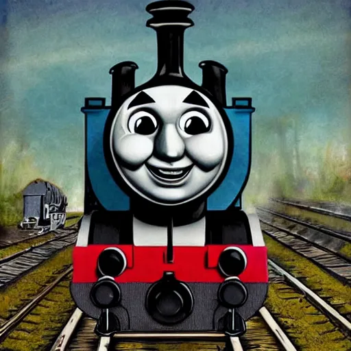 Image similar to creepy thomas the tank engine in zombie inspired art