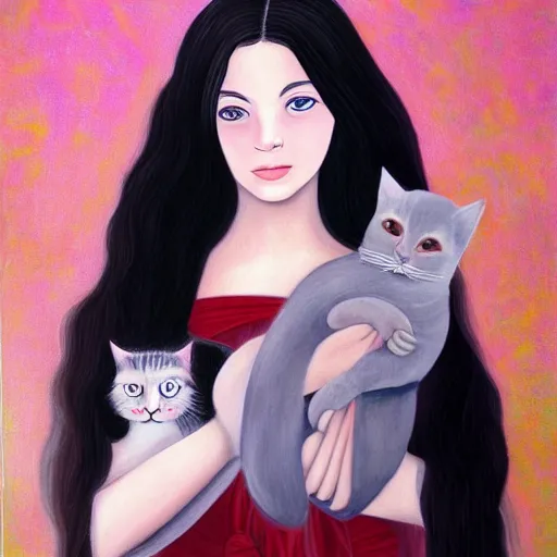 Image similar to a painting of a girl with long dark hair holding a cat in her arms, pexels contest winner, rasquache, high quality photo, rtx, hd, shiny eyes, a renaissance painting by sailor moon, anime, anime aesthetic