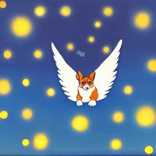 Image similar to corgi with [ angelic wings ]!!, [ flying like a superhero ]!! in the [ night sky ]!! where the stars are visibly perceptible, [ illustration via an abstract artist ]!!