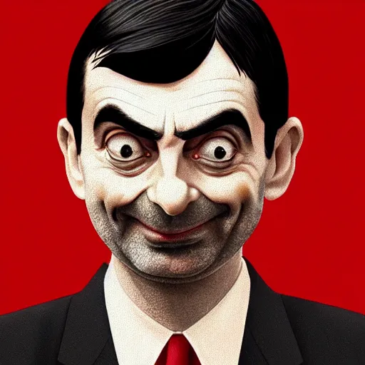 Image similar to a comic portrait of mr. bean with black and red parts, realistic shaded perfect face, fine details. night setting. very anime style. realistic shaded lighting poster by ilya kuvshinov katsuhiro, unreal engine, global illumination, radiant light, detailed and intricate environment