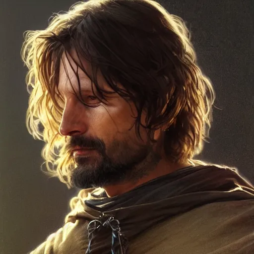 Image similar to a portrait of aragorn cinematic lighting, photorealistic, octane render, 8 k, depth of field, 3 d, art by artgerm and greg rutkowski and alphonse mucha and uang guangjian and gil elvgren and sachin ten