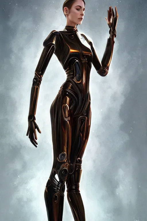 Image similar to full figure portrait, dynamic pose, of a thin elongated female android made of chrome and woodgrain, lean sleek styling, feminine curves, reflective, inscribed etched with gnostic runes, by jessica rossier