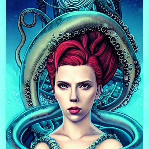 Image similar to lofi underwater mermaid biopunk bioshock portrait of scarlett johansson, octopus, Pixar style, by Tristan Eaton Stanley Artgerm and Tom Bagshaw.