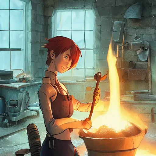 Prompt: “a full body portrait of the short and fiery blacksmith Moira at her forge, blacksmith's outfit, inside building, makoto shinkai, james gilleard, very detailed, matte, gaussian blur, tone mapped, Akihiko Yoshida”