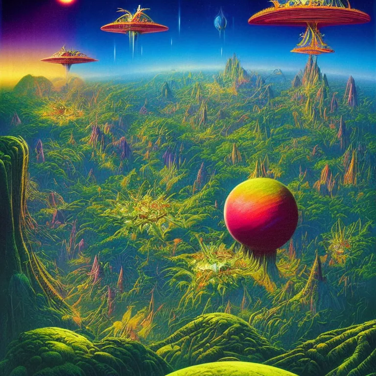 Image similar to cosmic flying cities sailing over lush rainforest mountaintops, synthwave, bright neon colors, highly detailed, cinematic, tim white, vladimir kush, philippe druillet, roger dean, bob eggleton, michael whelan, boris vallejo, alfred kelsner, kubrick, jaroslaw jasnikowski