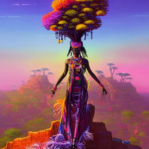 Image similar to a very regal african cyberpunk queen with colorful! dreadlocks and lots of jewlery sitting on a cliff overlooking a field of colorful flowers with a giant glowing baobab tree in the middle, it is sunset, by greg rutkowski and android jones and Alena Aenami in a surreal cyberpunk! style, oil on canvas, highly detailed face, 8k hd,