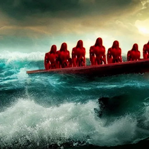 Prompt: anti - christ rising from a red ocean with boats. ominous. vivid color detailed photograph from a 2 0 2 0 s blockbuster vfx horror movie.