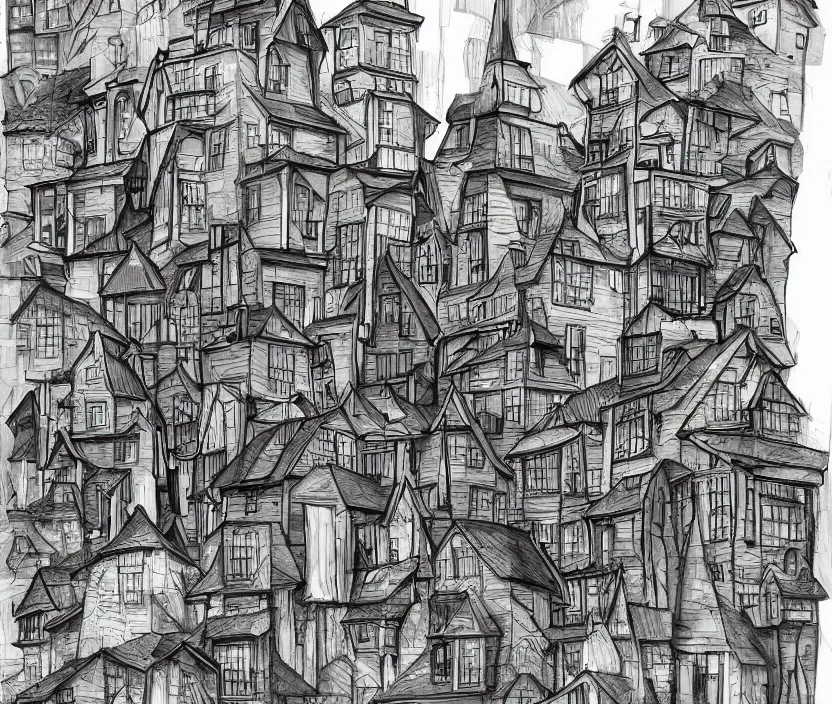 Prompt: A small neighborhood with tall houses in the fall months, rotoscoped, rotoscope, photoshop, photomanipulation, realism, painting, illustration and sketch, weird scribbles, hybrid styles, hybrid art styles, mismatched, trending on artstation, trending on deviantart, weird, quirky, interesting, very detailed, highly detailed, HD Quality, 4k resolution, 8k resolution, colored with orange brown yellow and red, in the style of David Firth, in the style of James Lee, in the style of Drue Langlois,