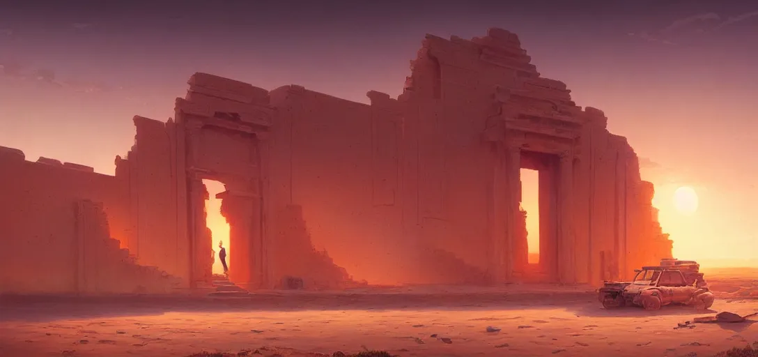 Prompt: beautiful render of a desert landscape, unreal engine, stunning sunset, majestic dunes, ancient temple ruins, soft light, by greg rutkowski, cgsociety