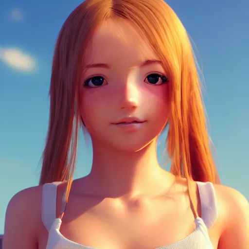 Prompt: Render of a very beautiful 3d anime girl, long hair, hazel eyes, cute freckles, full round face, short smile, cute sundress, golden hour, serene beach setting, cinematic lightning, medium shot, mid-shot, highly detailed, trending on Artstation, Unreal Engine 4k, cinematic wallpaper