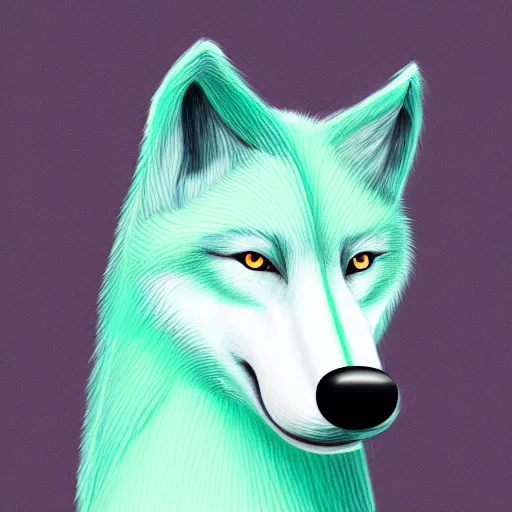 Prompt: Digital Portrait Drawing of Mint-Colored Anthropomorphic Unicorn Wolf