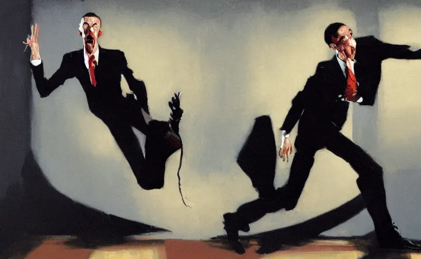 Image similar to a thin man wearing a suit screams and jumps over a telephone in a dark, 1980s living room, painted by phil hale, highly detailed