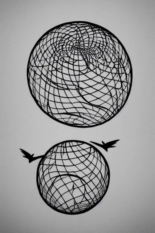 Prompt: a beautiful tattoo design of minimalist swallows flying into spherical lines and simple basic shapes, black ink, line art