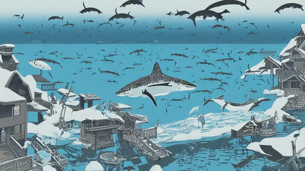 Image similar to A winter in hell, sharks surfacing from the lake, flat design, screen print by Kawase Hasui and dan hillier, 8k unreal engine