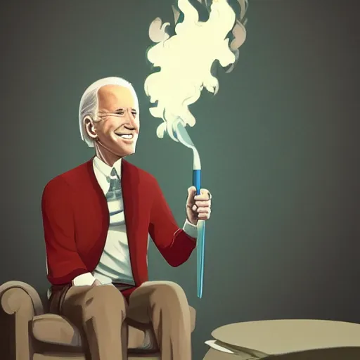 Image similar to joe biden holding a giant joint while sitting on a couch in a messed up apartment, stoned eyes, smoke, beautiful digital art, amazing detail, artstation, award winning, sharp