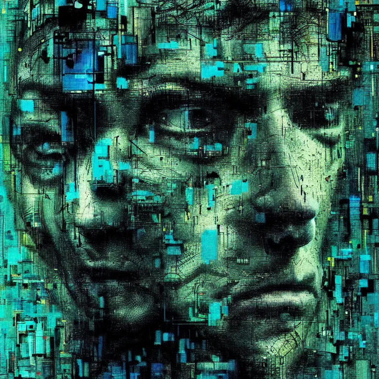 Prompt: portrait of a cyberpunk man, angry faces, mysterious, glitch effects over the eyes, by Guy Denning, by Johannes Itten, by Russ Mills, glitch art, hacking effects, chromatic, cyberpunk, intricate detail, Blue and Green, color blocking, oil on canvas, concept art, abstract, trending on artstation, masterpiece