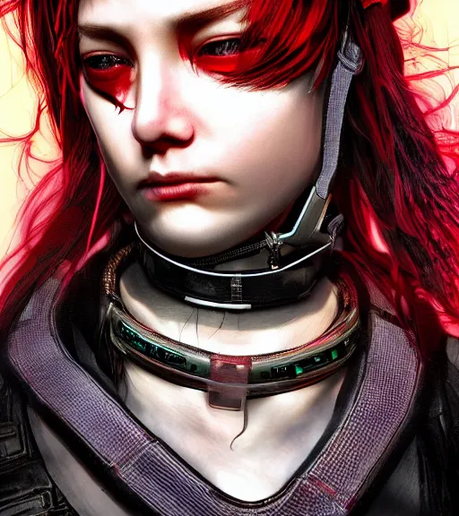 Image similar to detailed realistic female character cyberpunk wearing thick technological collar around neck, realistic, art, beautiful, 4K, collar, choker, collar around neck, punk, artstation, detailed, female, woman, choker, cyberpunk, neon, punk, collar, choker, collar around neck, thick collar, tight around neck, punk,