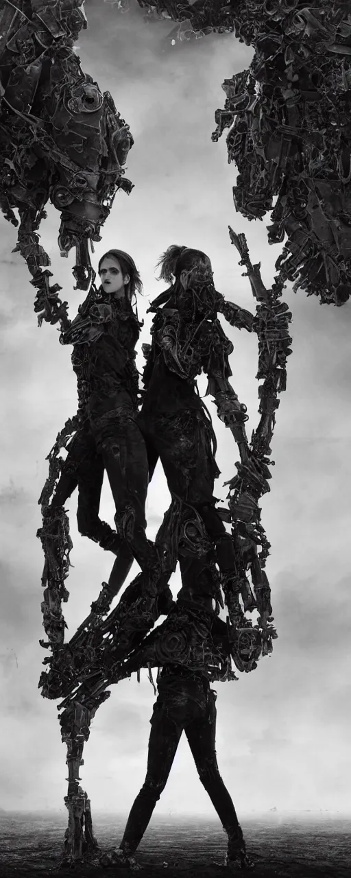 Prompt: Emma Watson fractal armour twinned conjoined sisters action poses dishevelled photorealistic portrait grimy sweating wet face dirty t-shirt and torn jeans in broken biomechanical fractal armour abandoned exploding sci-fi gas station, dark and dim atmospheric smog trending on artstation 8k matte painting, dramatic lighting, dramatic shadows professional photograph by Irving Penn
