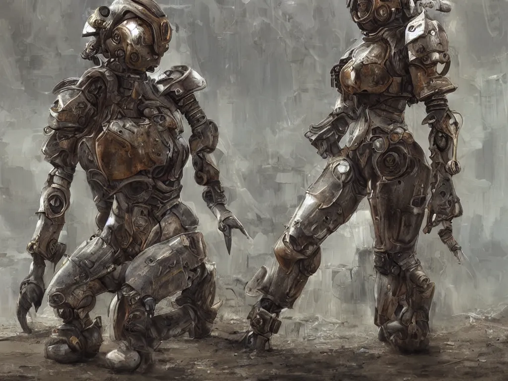 Prompt: one futuristic female paladin in rusty power armor kneeling, post - apocalyptic, highly detailed painting, wlop