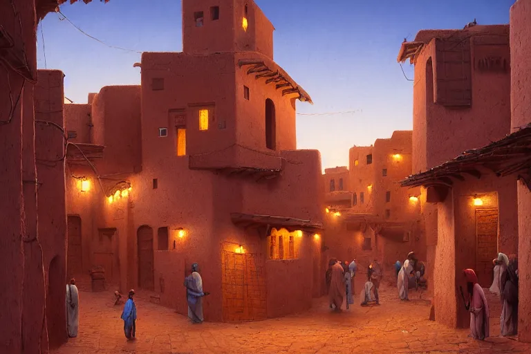 Image similar to in the middle of a adobe house kasbah town, mud and brick houses, merchant street, pueblo architecture, colorful crowd, festival. Scenic view at night, underexposed, clean horizon, matte painting by raphael lacoste and marc simonetti and craig mullins and christophe vacher, trending on artstation, 4k, intricate details