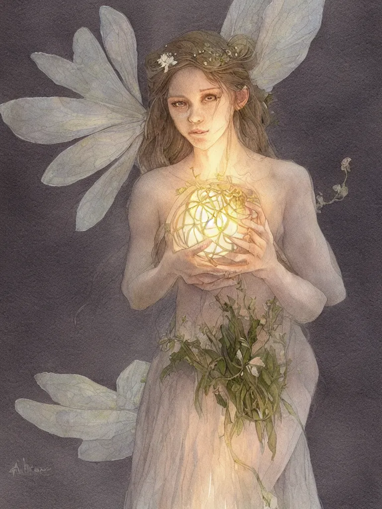 Image similar to study of a flower fairy, holding glowing white orb in hands, illustration, watercolor, alan lee, detailed, pretty, ethereal, realistic, refined, beautiful, artstation,