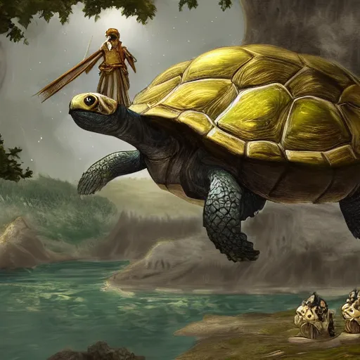 Prompt: a large fantasy town on top of a giant turtle,digital art,detailed