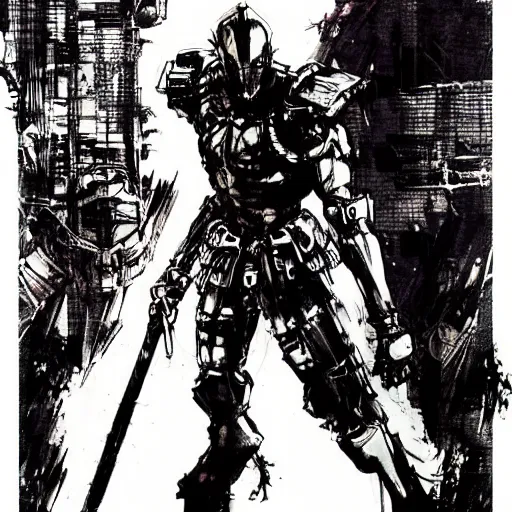 Image similar to Terrified knight, Yoji Shinkawa manga art, style of Ink